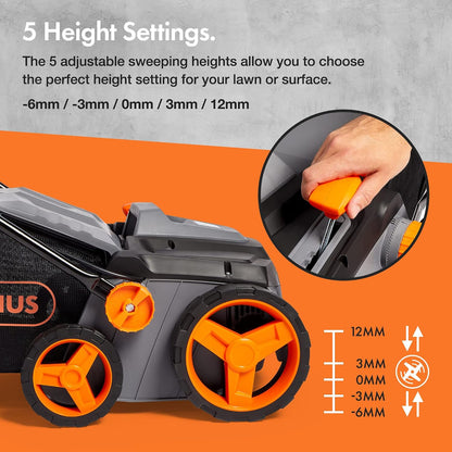 Corded Electric Artificial Grass Sweeper 1800W 11.9 Gal Bag 14.96in 5 Heights Gray Black Orange