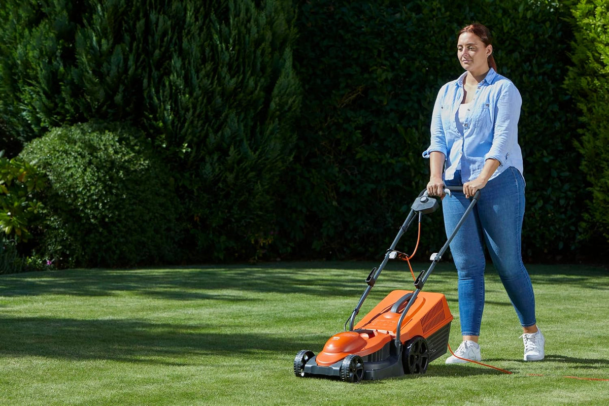 Corded Wheeled Lawn Mower 12.6in 1300W 7.9 Gal Grass Box Orange Gray