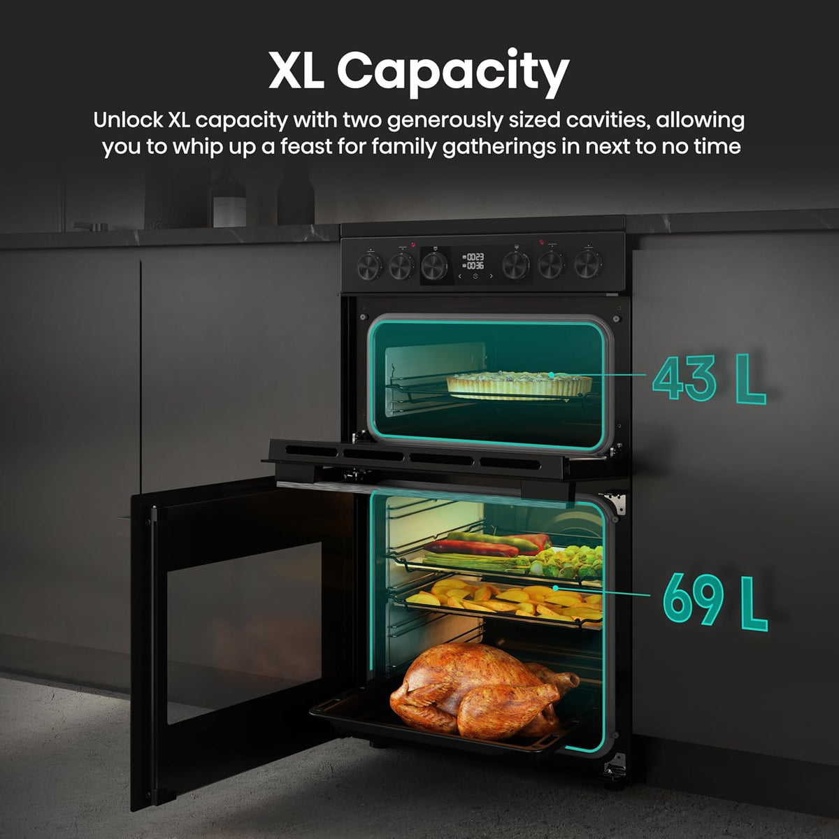 Electric Cooker 2.4 cu ft/1.5 cu ft Double Oven Air Fry Mode Ceramic Hob Black
