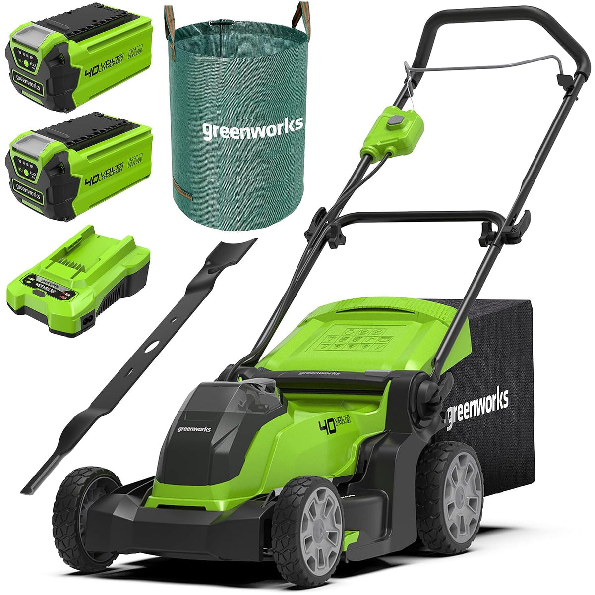Cordless Lawnmower 16.1in Cutting Width 13.2 Gal Bag 2x 40V 2Ah Batteries