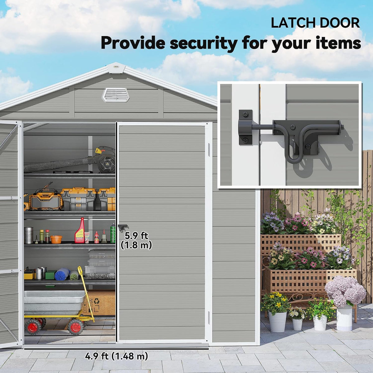 Plastic Garden Storage Shed 8 X 6 Ft Light Gray Aluminum Frame Lockable Door