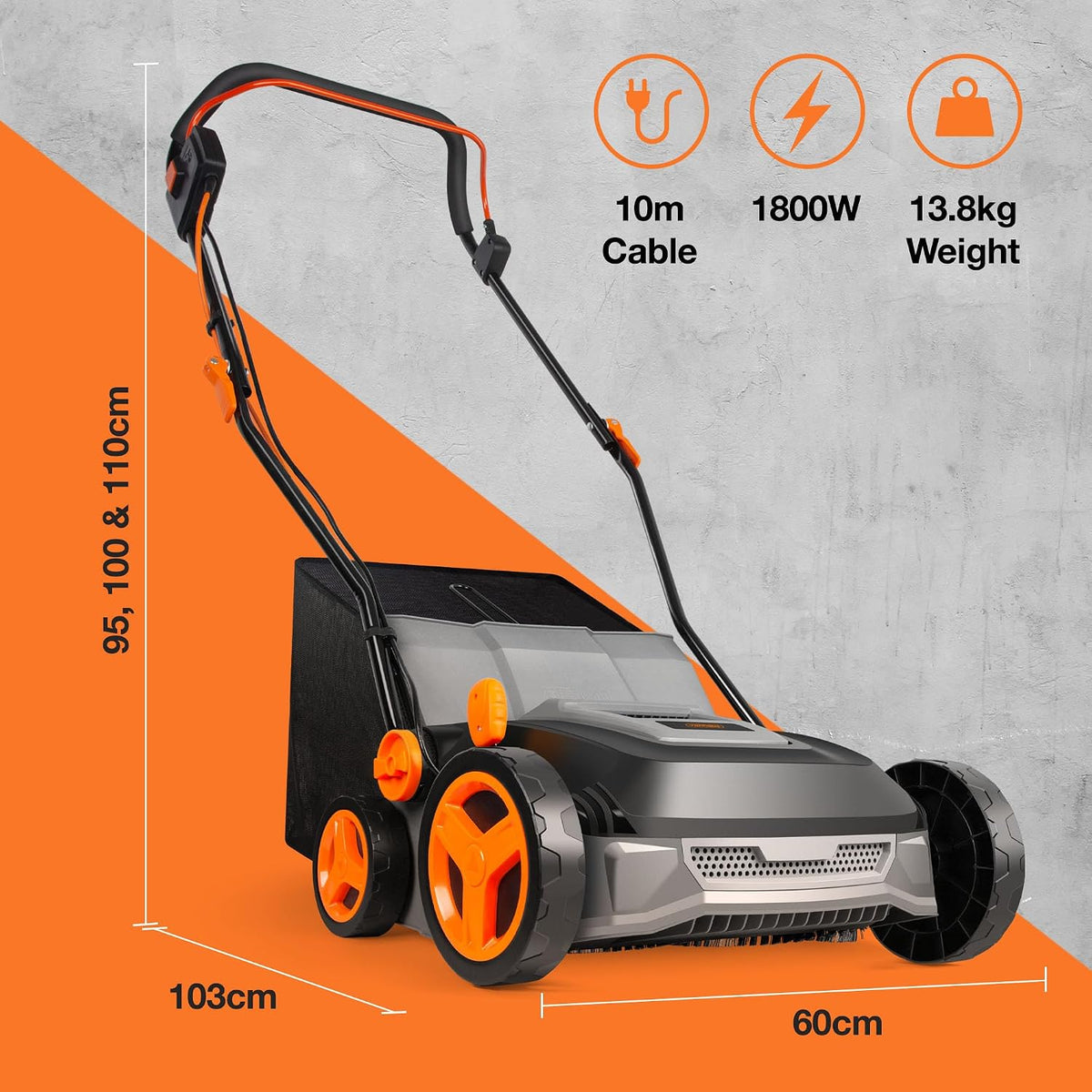 Corded Electric Artificial Grass Sweeper 1800W 11.9 Gal Bag 14.57in 5 Heights Gray Black Orange