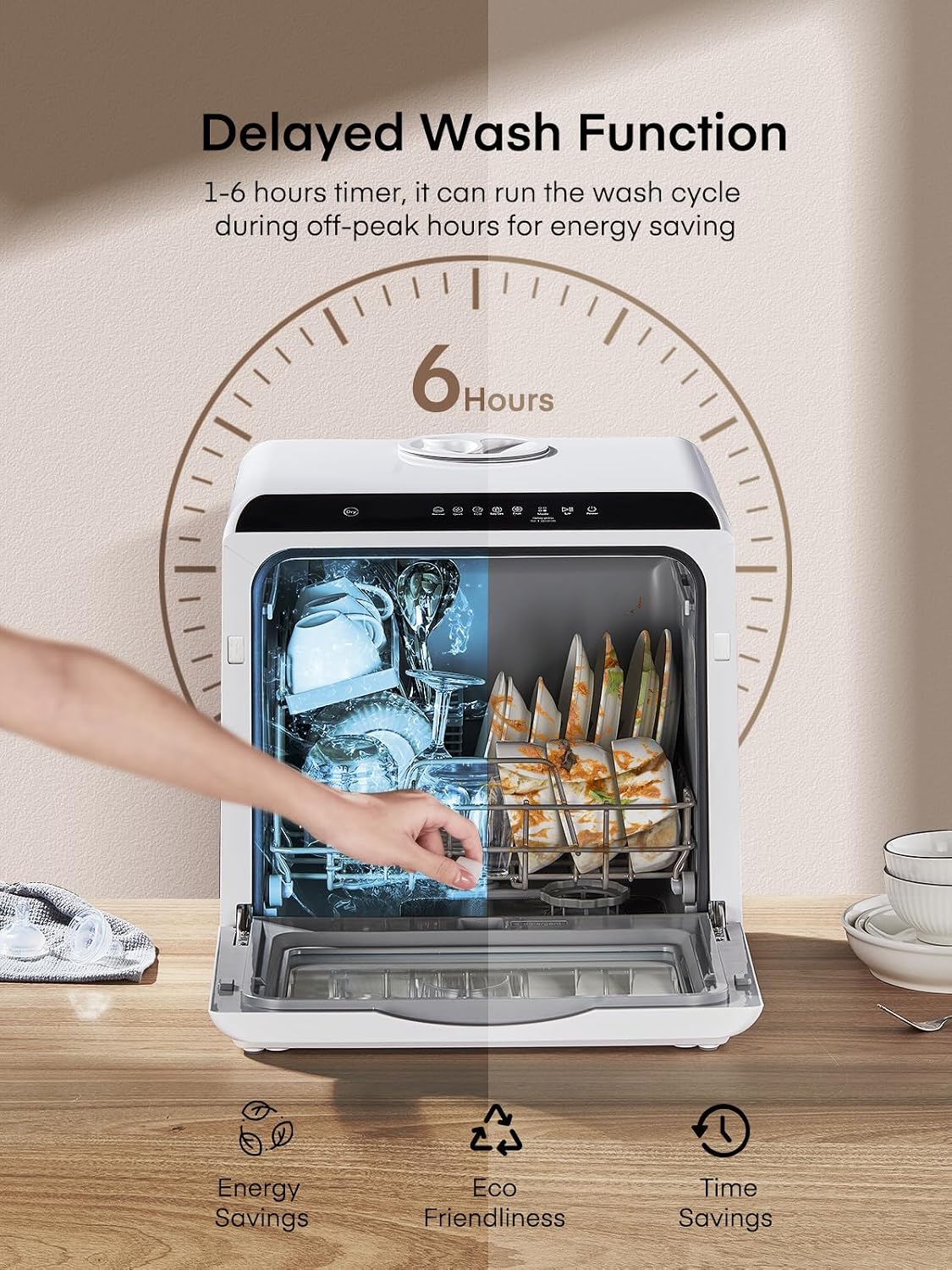 Countertop Dishwasher 5.3 Qt 6 Programs Delay Start Air Dry White