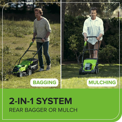 Cordless Lawn Mower 13.8in 10.6 Gal Bag 2x40V 2Ah Batteries Green