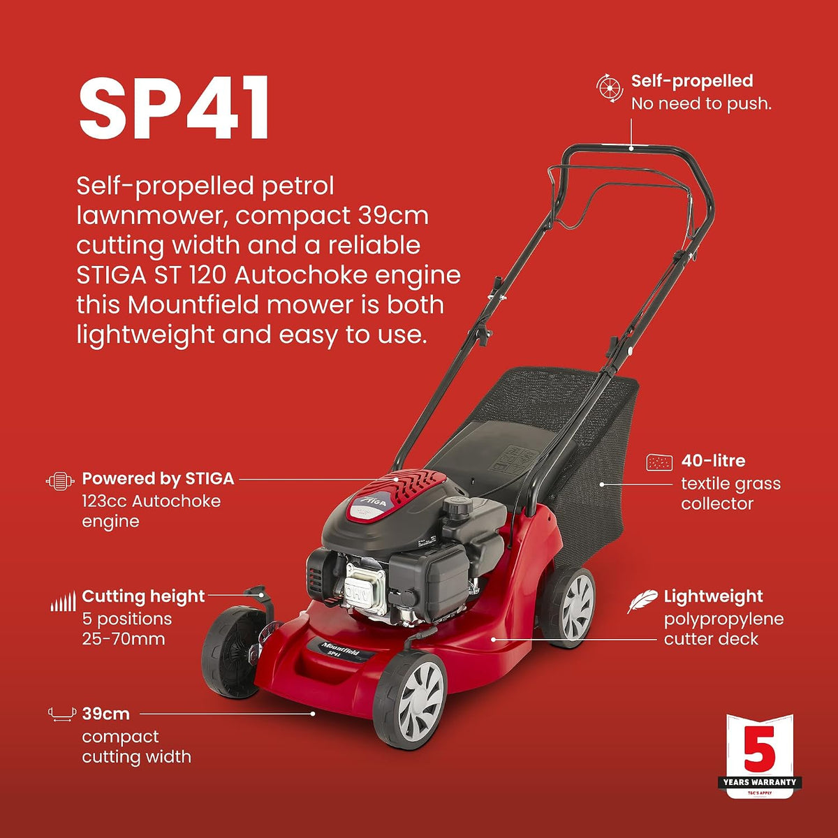 Self-Propelled Petrol Lawnmower 15.4in 123cc 10.6 Gal Grass Collector Red