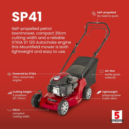 Self-Propelled Petrol Lawnmower 15.4in 123cc 10.6 Gal Grass Collector Red