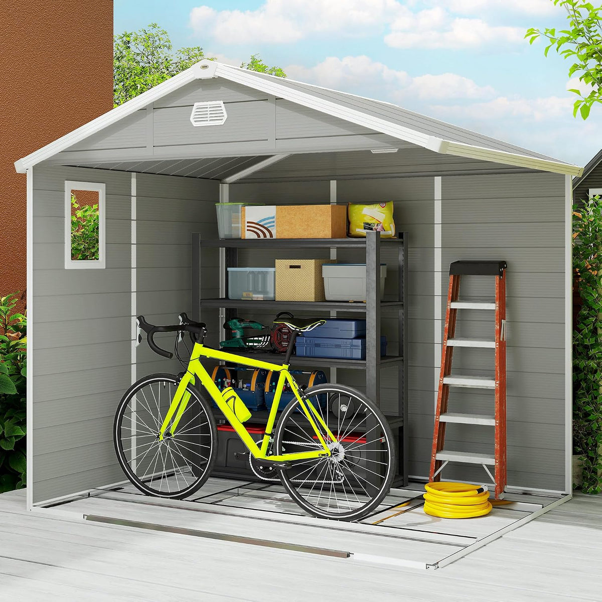 Plastic Garden Storage Shed 8 X 6 Ft Light Gray Aluminum Frame Lockable Door