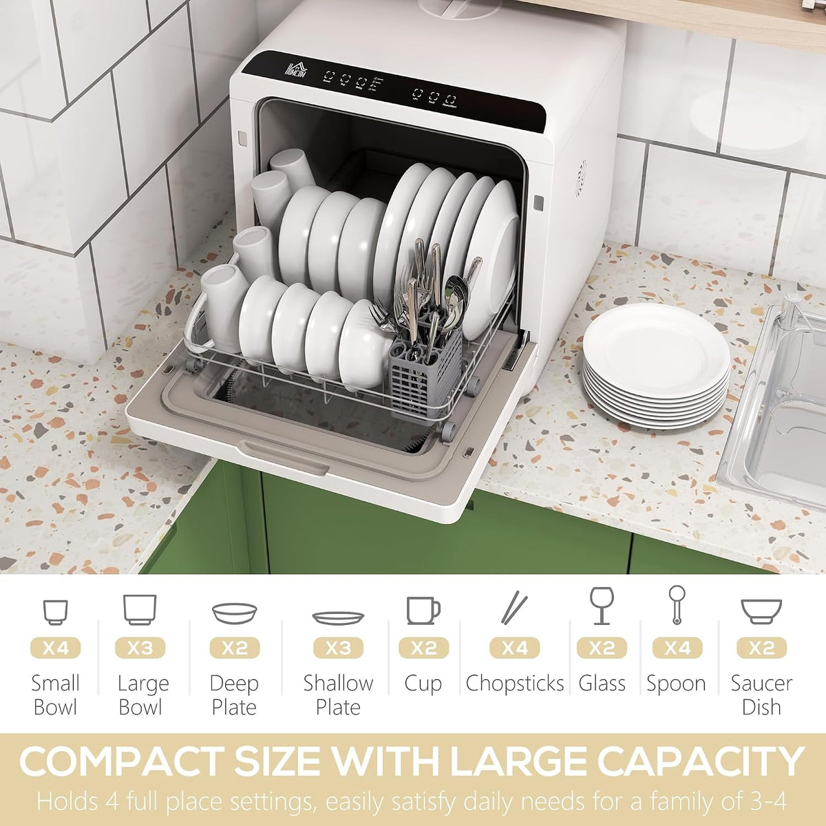 Table Top Dishwasher 6.3 Qt Built-In Tank 4 Place Settings Touch Control White