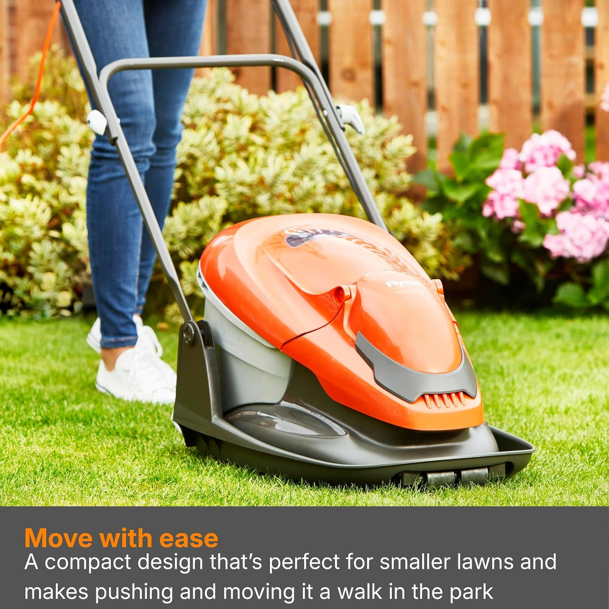 Hover Lawn Mower 13in 1700W 5.3 Gal Grass Box 4 Cutting Heights Orange Gray