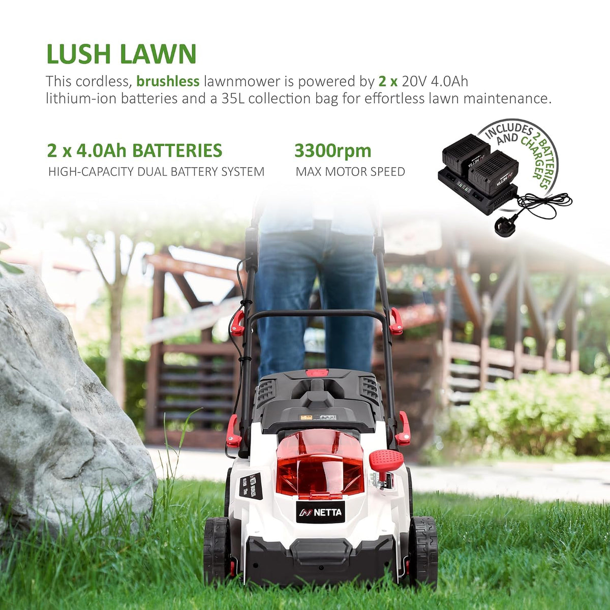 Cordless Lawn Mower 14.6in 40V 2x4.0Ah Batteries 6 Heights 9.2 Gal
