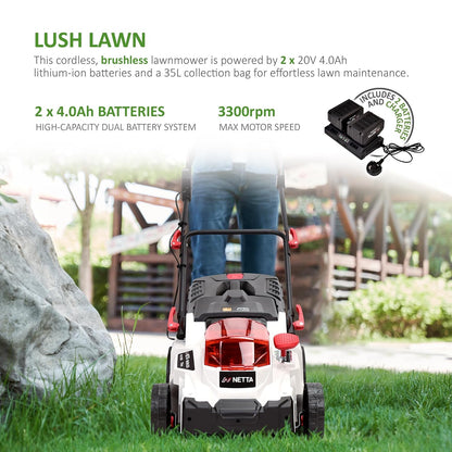 Cordless Lawn Mower 14.6in 40V 2x4.0Ah Batteries 6 Heights 9.2 Gal