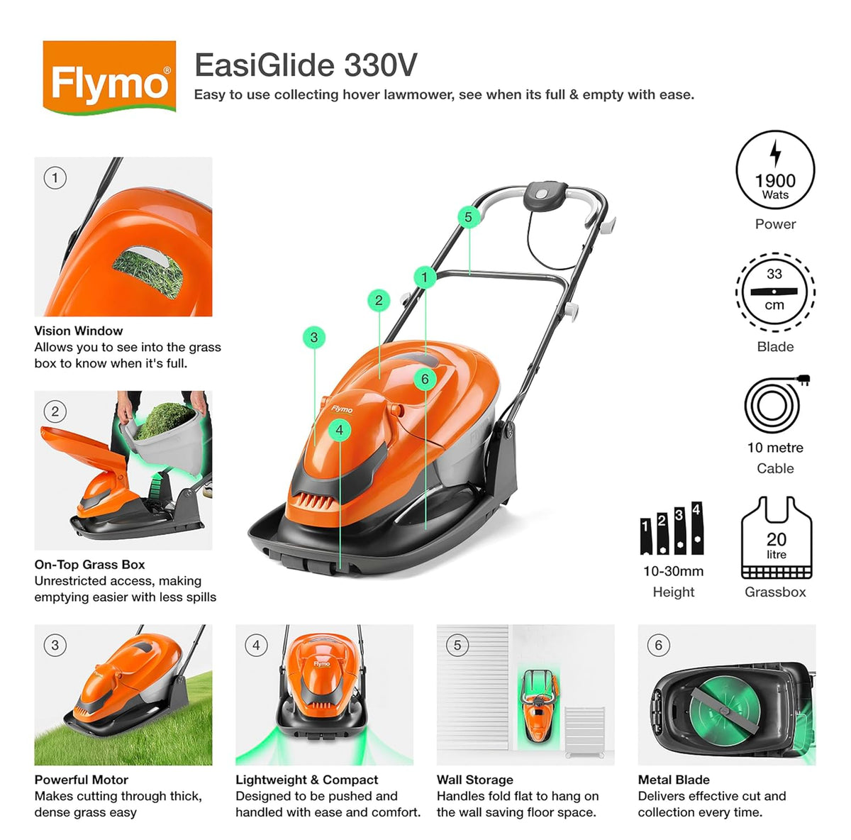 Hover Lawn Mower 13in 1700W 5.3 Gal Grass Box 4 Cutting Heights Orange Gray