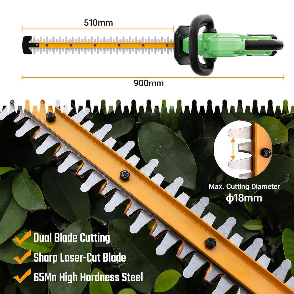 Cordless Hedge Trimmer 20.08in 1200RPM 0.71in Pruning Capacity Green