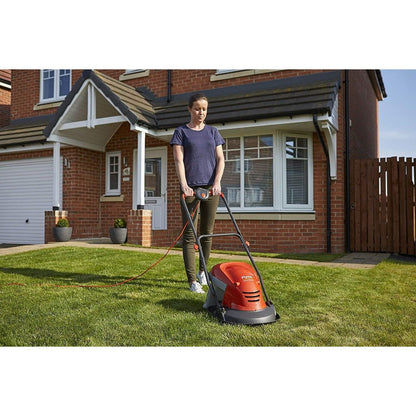 Hover Lawn Mower 9.8in 1400W 4 Gal Grass Box 4 Cutting Heights Orange Gray