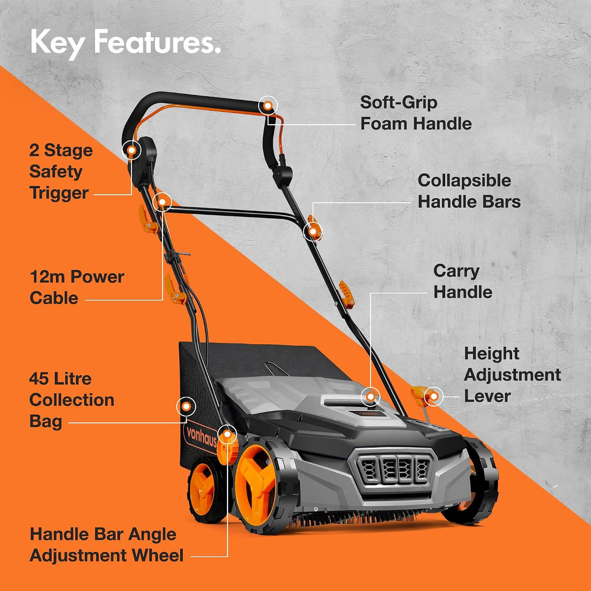 Corded Electric Artificial Grass Sweeper 1800W 11.9 Gal Bag 14.96in 5 Heights Gray Black Orange