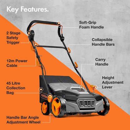 Corded Electric Artificial Grass Sweeper 1800W 11.9 Gal Bag 14.96in 5 Heights Gray Black Orange