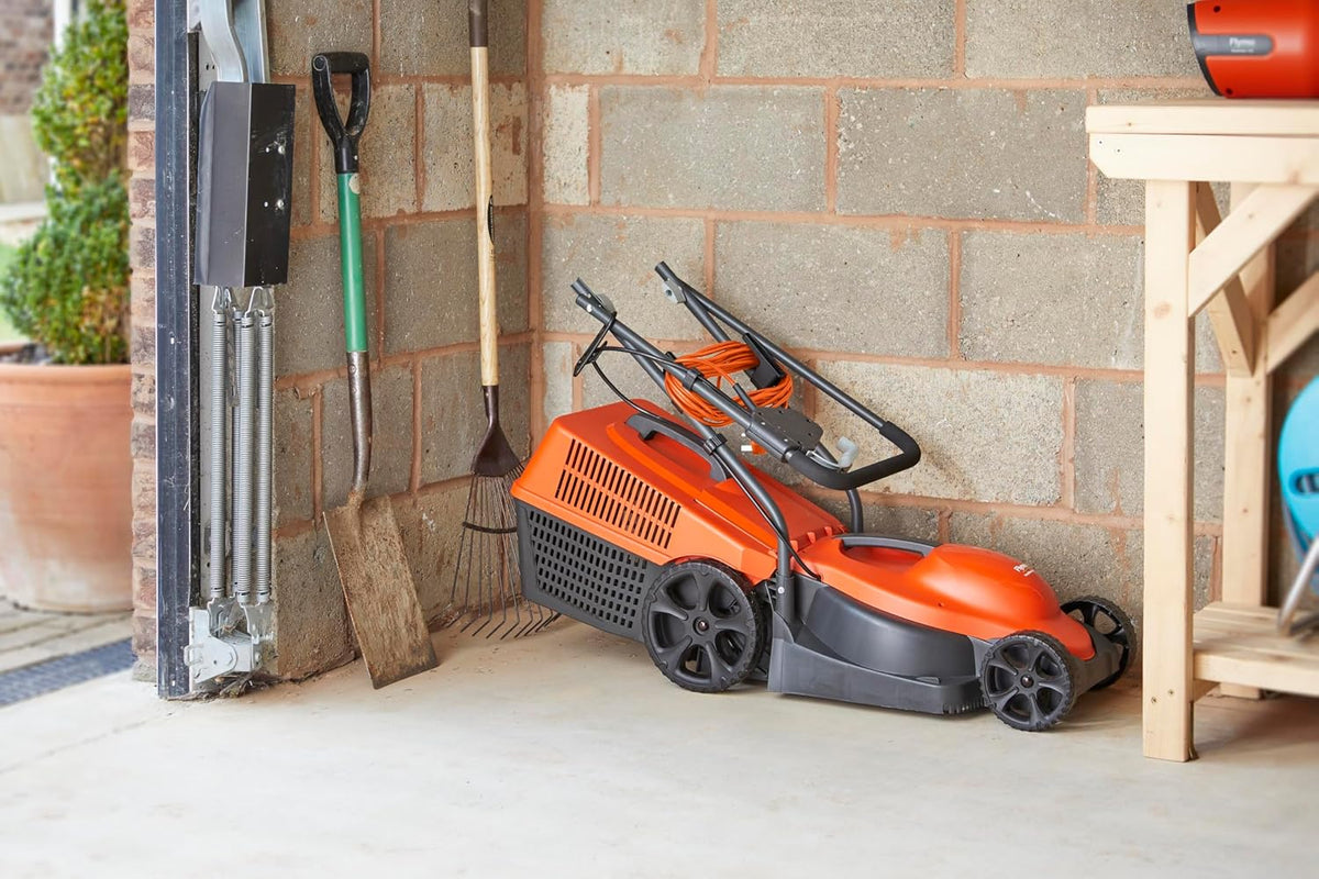 Corded Wheeled Lawn Mower 12.6in 1300W 7.9 Gal Grass Box Orange Gray