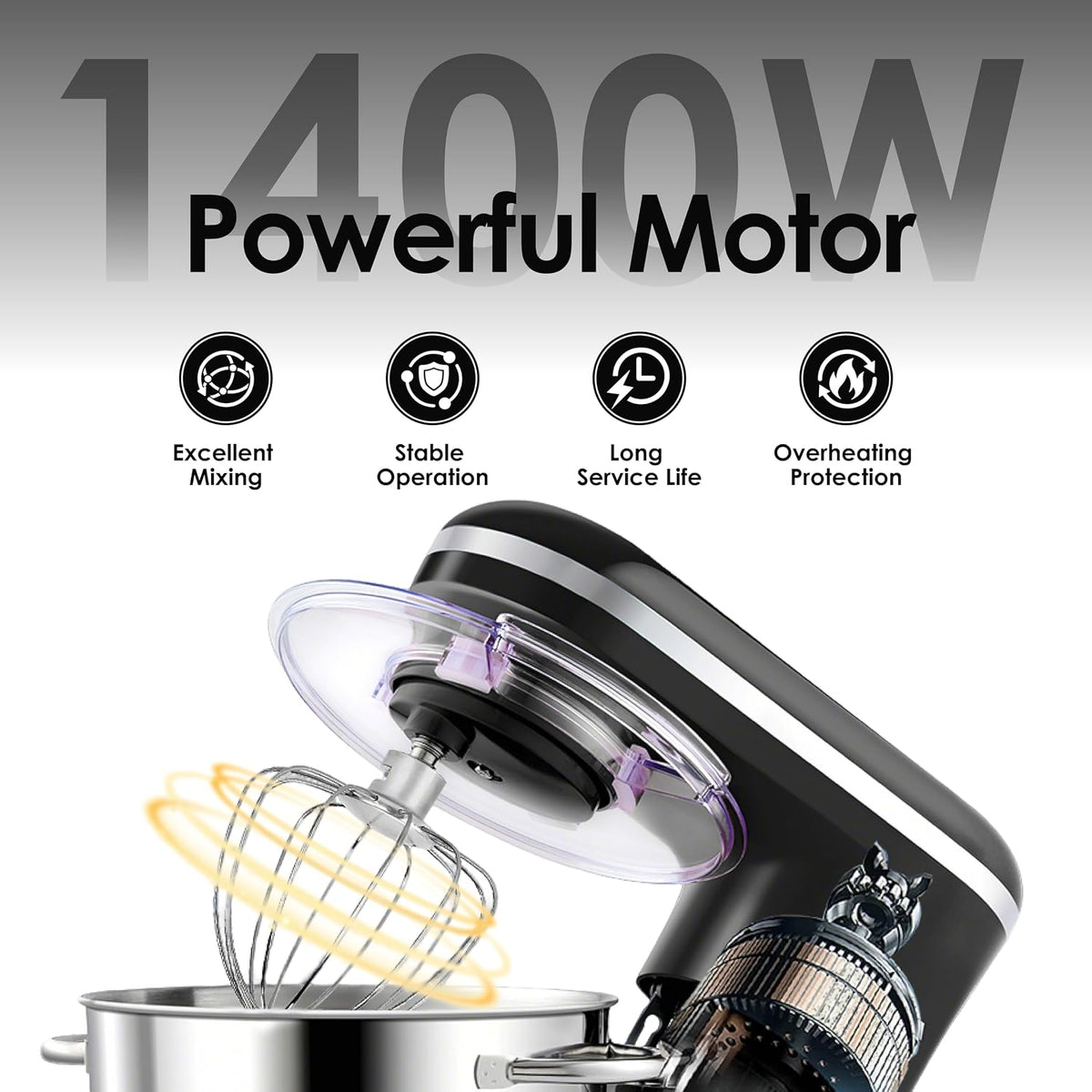Stand Mixer 6.6 Qt 1400W 6 Speed Tilt-Head Black