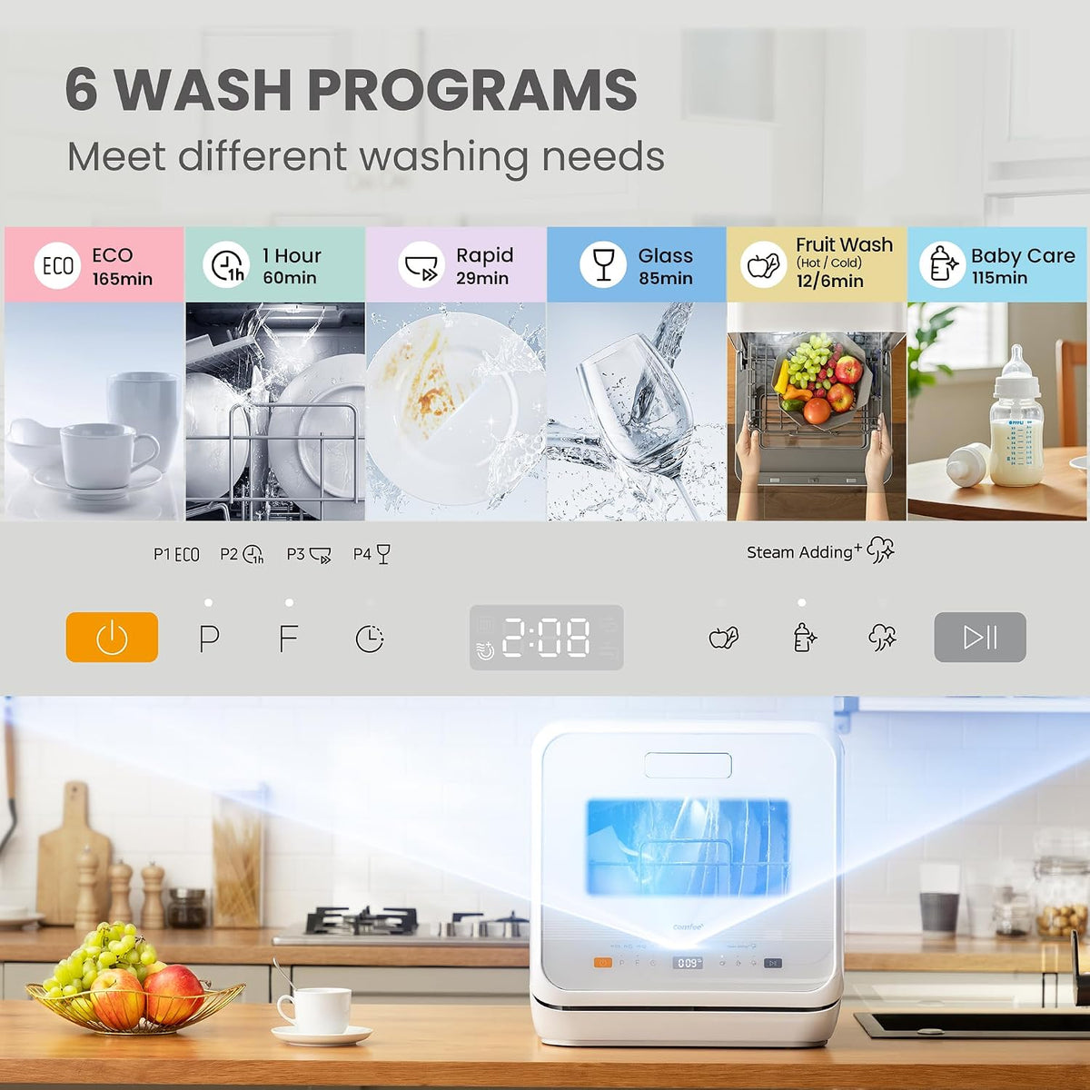 Table Top Dishwasher 6 Programs 5.3 Qt Tank 72H Storage White