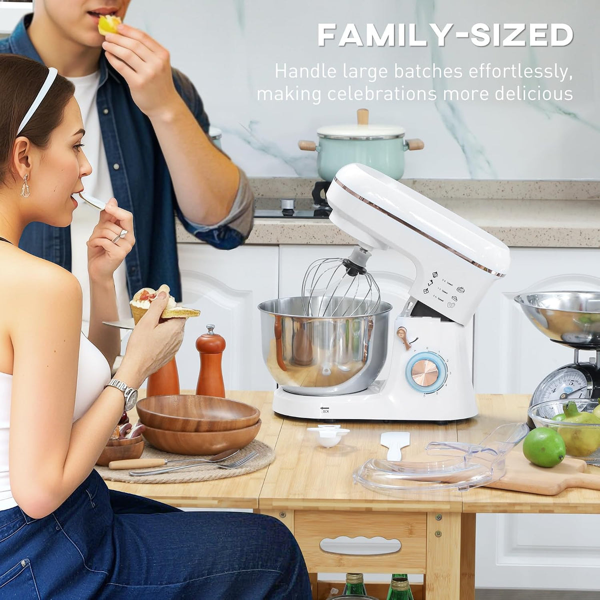 Stand Mixer 1400W 5.3 Qt 6 Speeds Pulse Setting Stainless Steel Bowl White