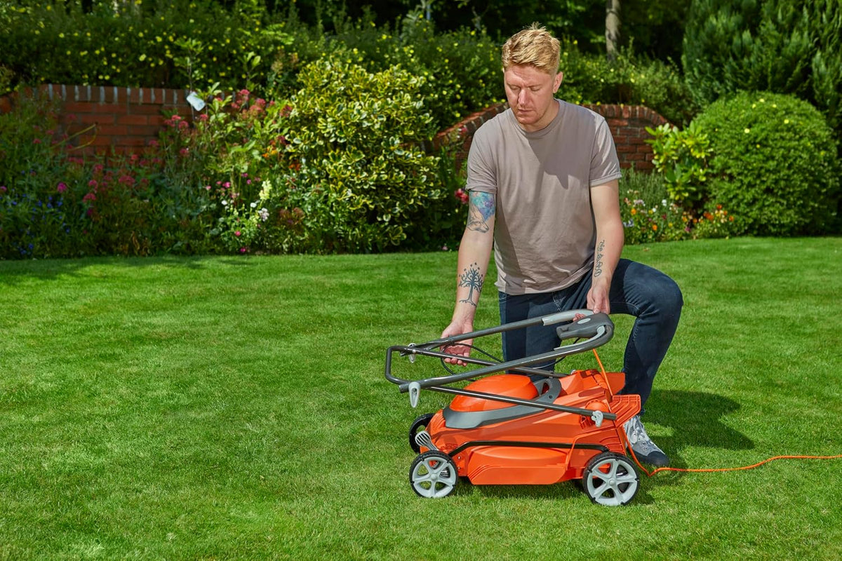 Corded Electric Lawn Mower 1600W 15in 11.9 Gal 5 Heights Orange Gray