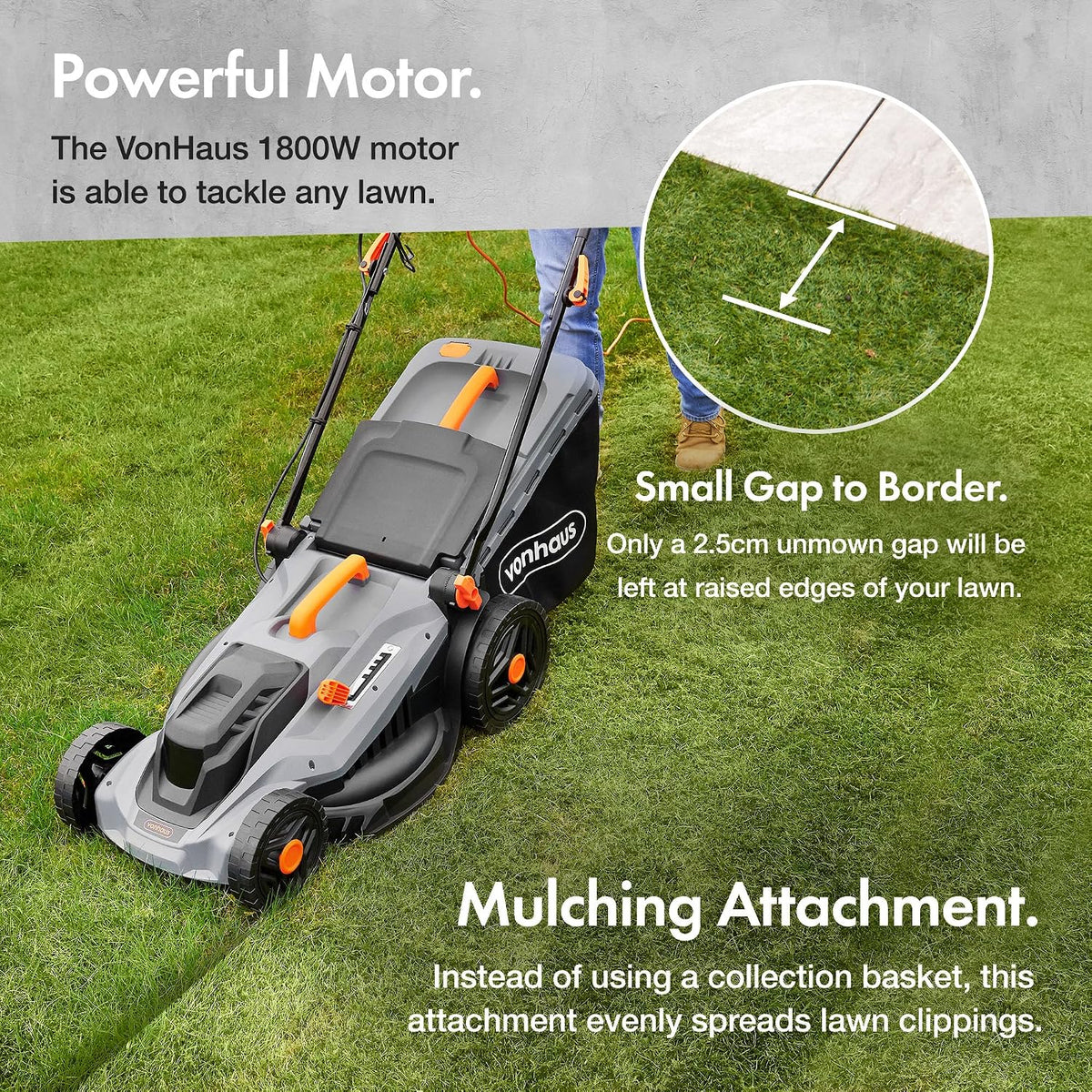 Corded Electric Hover Lawn Mower 1800W 16.9in 13.7 Gal 5 Heights Orange Gray