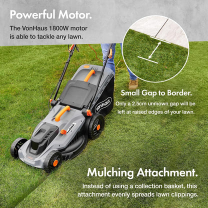 Corded Electric Hover Lawn Mower 1800W 16.9in 13.7 Gal 5 Heights Orange Gray