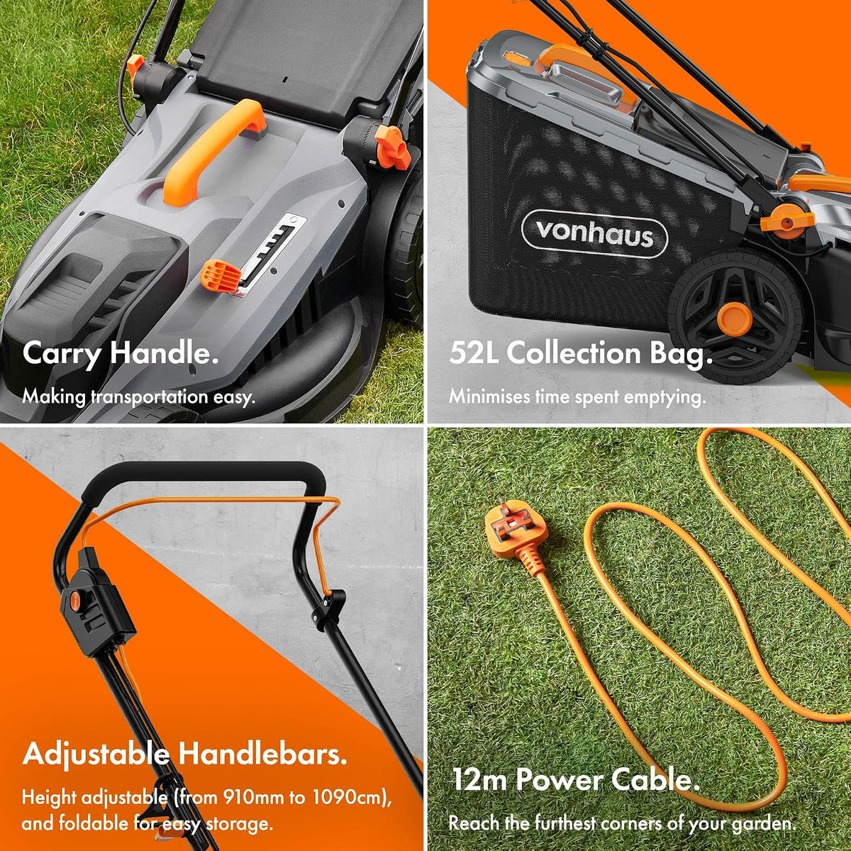 Corded Electric Hover Lawn Mower 1800W 16.9in 13.7 Gal 5 Heights Orange Gray