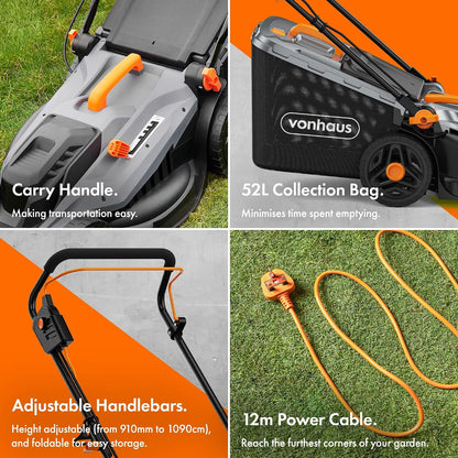 Corded Electric Hover Lawn Mower 1800W 16.9in 13.7 Gal 5 Heights Orange Gray
