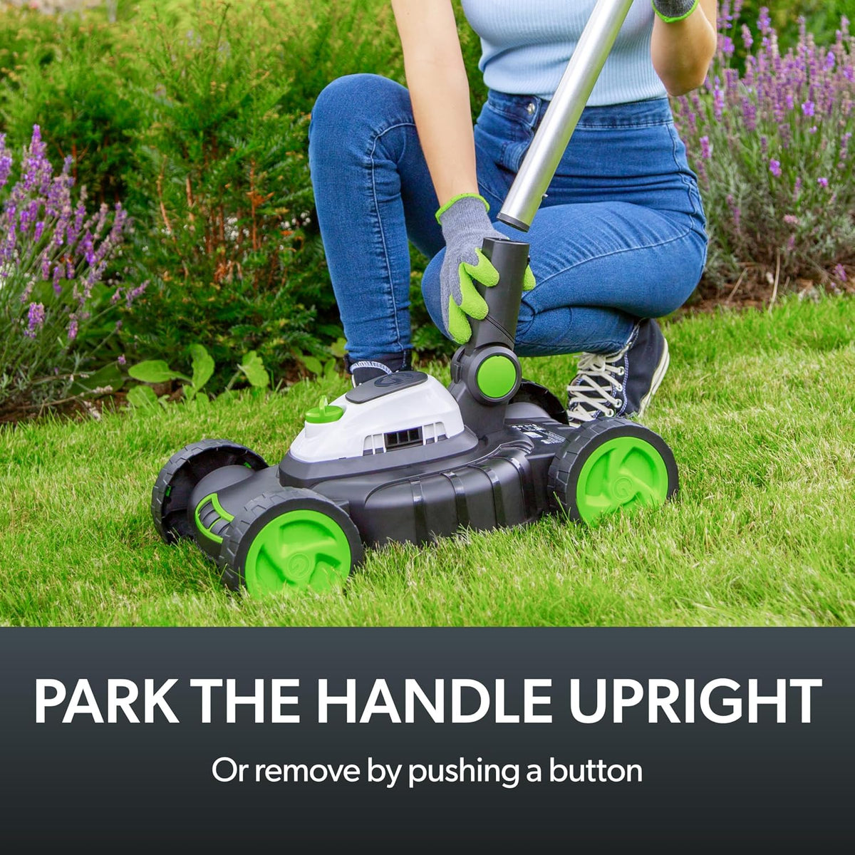 Cordless Electric Lawnmower 10in 5200RPM 18V 30 Mins Runtime Gray Green White