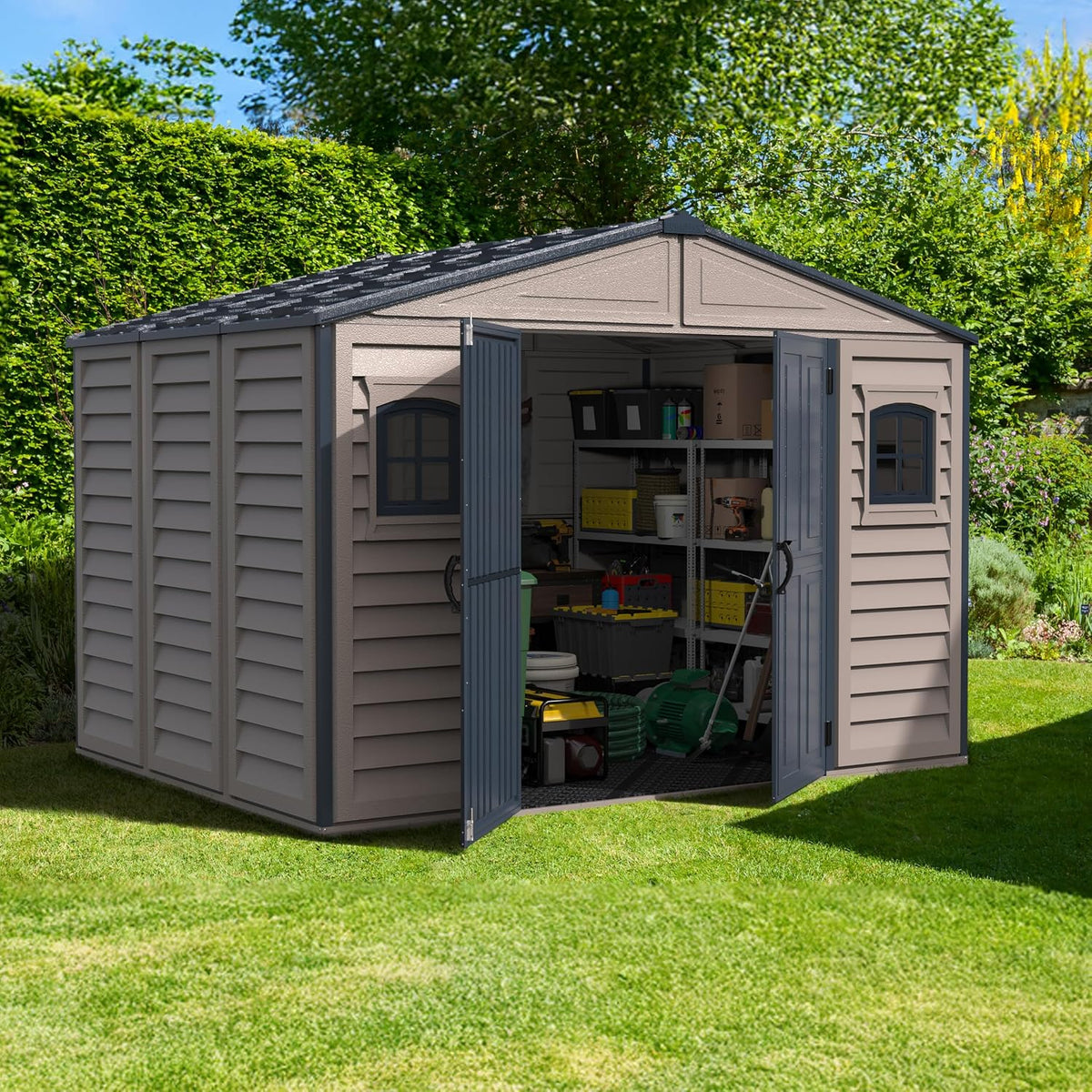 Plastic Garden Storage Shed 10.5 X 8 Ft Double Doors Lockable Dark Gray