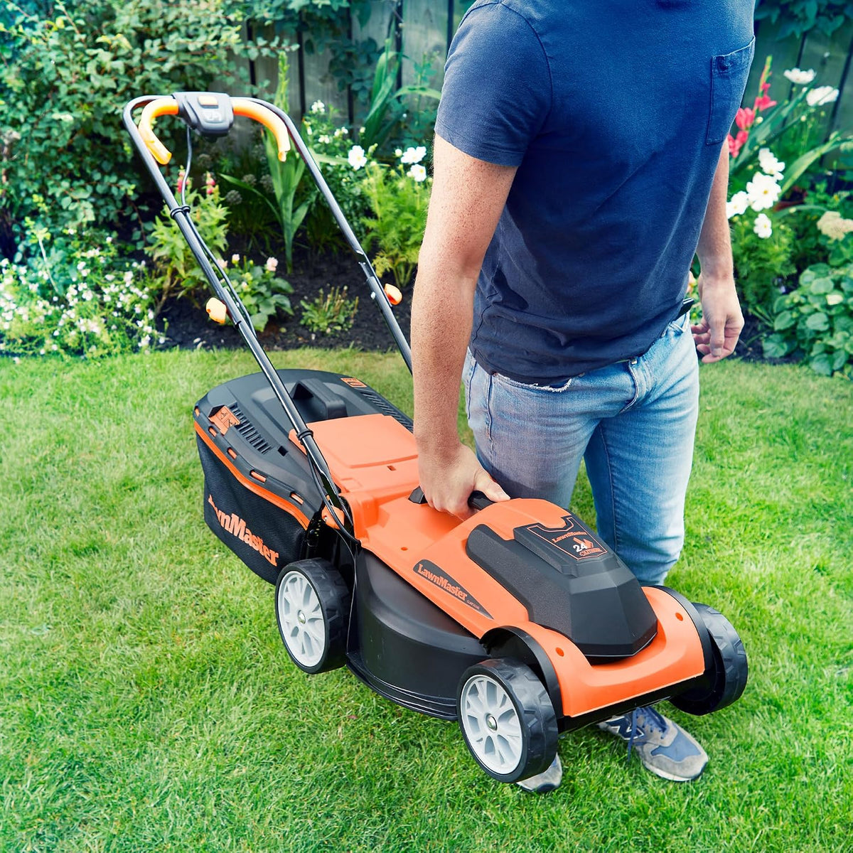 Cordless Lawn Mower 13.4in 24V 2x4.0Ah Batteries Rear Roller