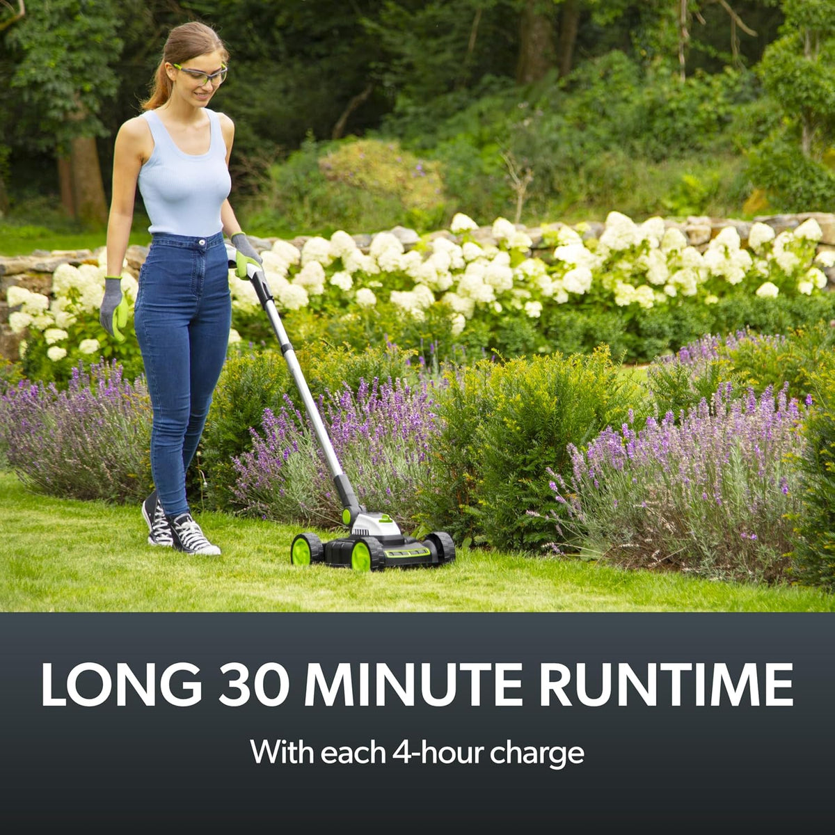 Cordless Electric Lawnmower 10in 5200RPM 18V 30 Mins Runtime Gray Green White