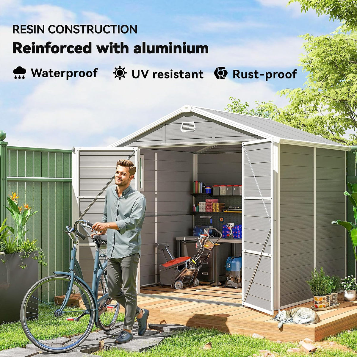 Plastic Garden Storage Shed 8 X 6 Ft Light Gray Aluminum Frame Lockable Door