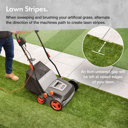 Corded Electric Artificial Grass Sweeper 1800W 11.9 Gal Bag 14.57in 5 Heights Gray Black Orange