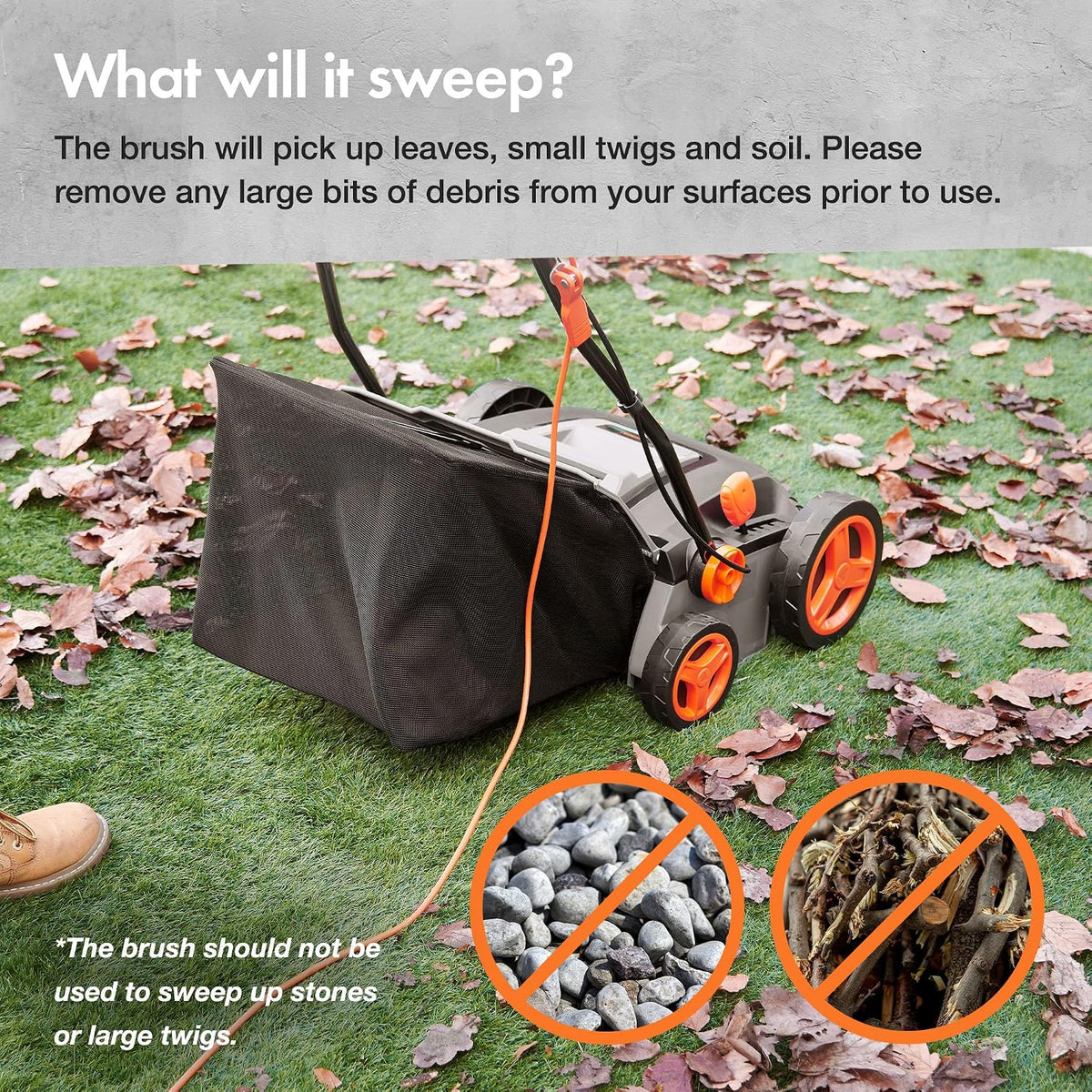 Corded Electric Artificial Grass Sweeper 1800W 11.9 Gal Bag 14.57in 5 Heights Gray Black Orange