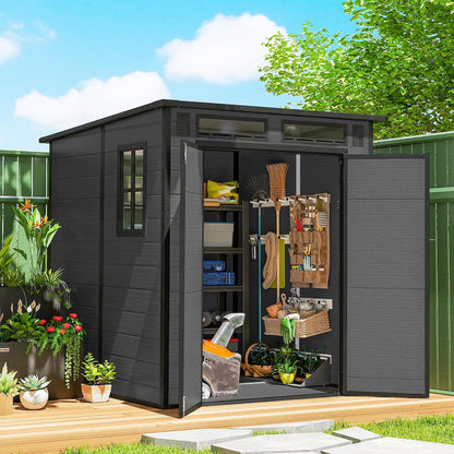 Plastic Garden Storage Shed 6 X 6 Ft Dark Gray Aluminum Frame Double Doors