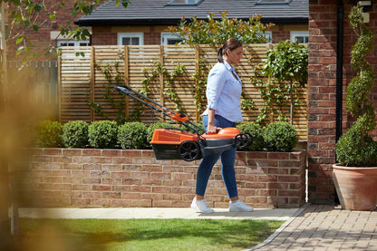 Corded Wheeled Lawn Mower 12.6in 1300W 7.9 Gal Grass Box Orange Gray