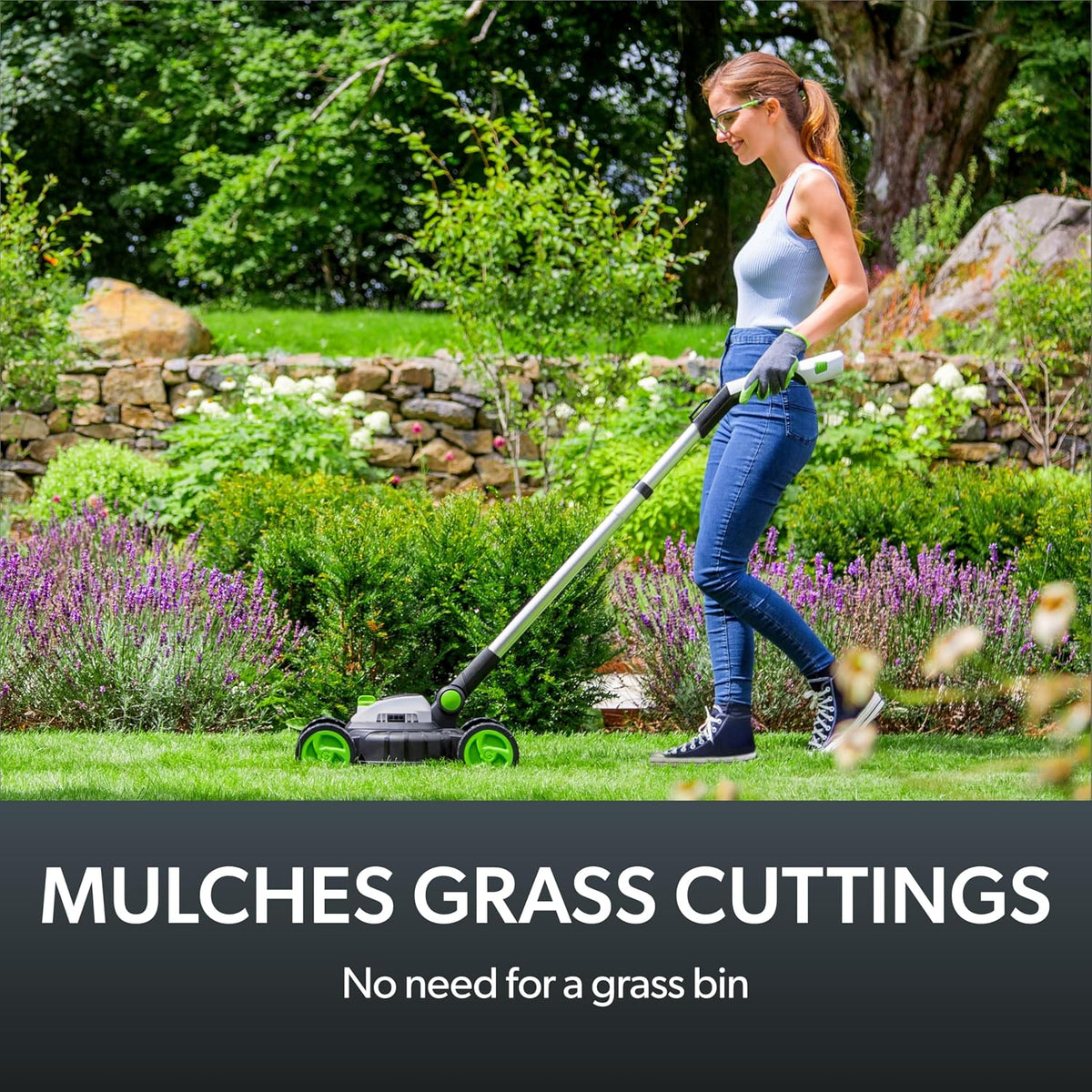 Cordless Electric Lawnmower 10in 5200RPM 18V 30 Mins Runtime Gray Green White