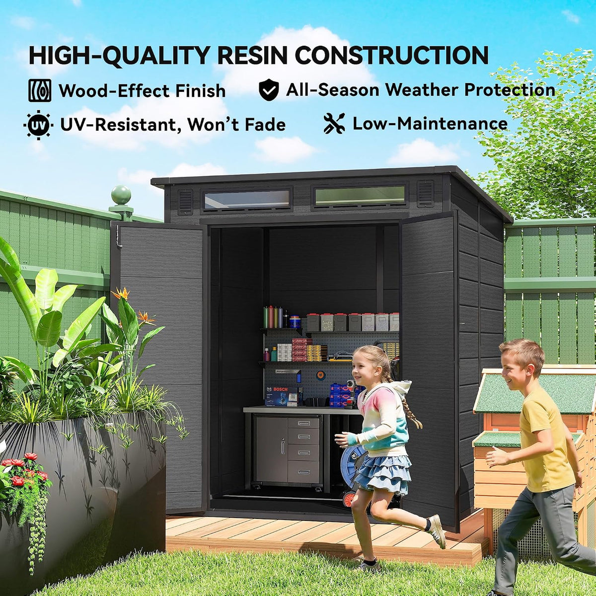 Plastic Garden Storage Shed 6 X 6 Ft Dark Gray Aluminum Frame Double Doors