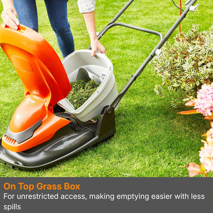 Hover Lawn Mower 13in 1700W 5.3 Gal Grass Box 4 Cutting Heights Orange Gray