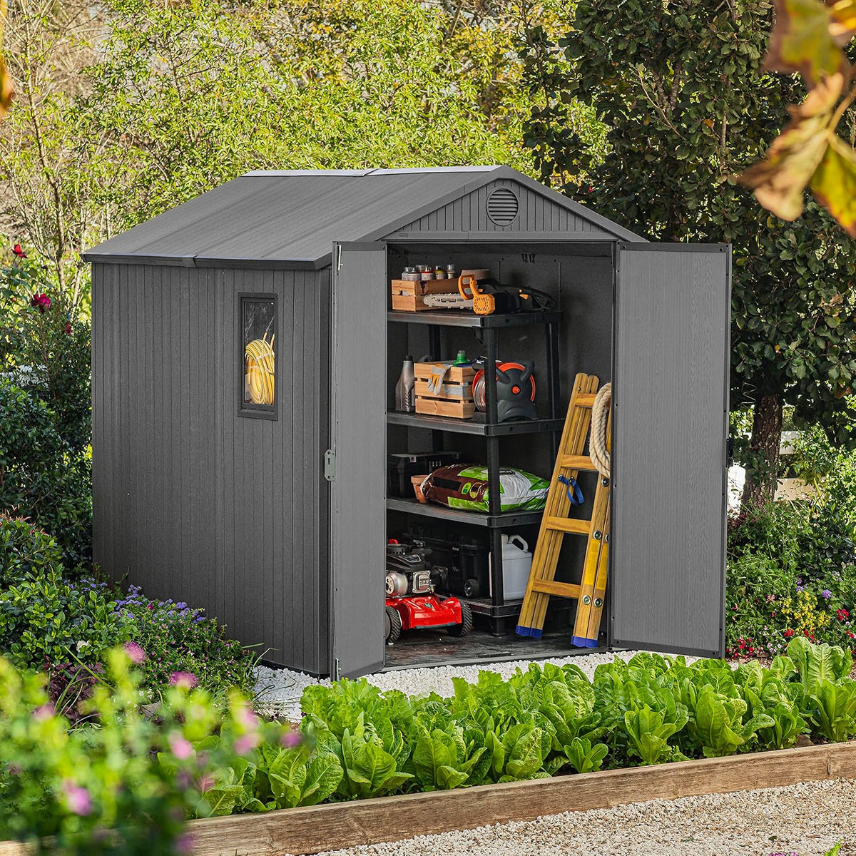 Outdoor Garden Storage Shed 6 X 8 Ft Gray Resin Double Doors