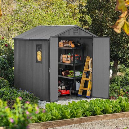 Outdoor Garden Storage Shed 6 X 8 Ft Gray Resin Double Doors