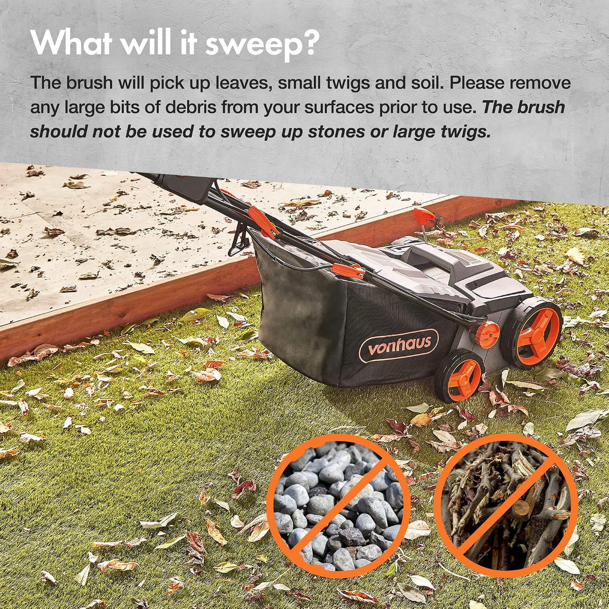 Corded Electric Artificial Grass Sweeper 1800W 11.9 Gal Bag 14.96in 5 Heights Gray Black Orange