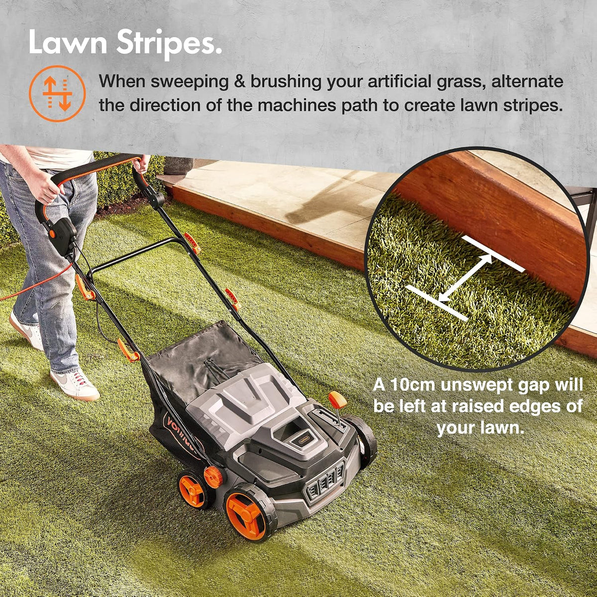 Corded Electric Artificial Grass Sweeper 1800W 11.9 Gal Bag 14.96in 5 Heights Gray Black Orange