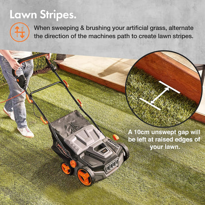 Corded Electric Artificial Grass Sweeper 1800W 11.9 Gal Bag 14.96in 5 Heights Gray Black Orange