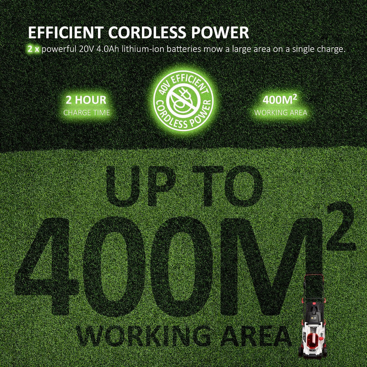 Cordless Lawn Mower 14.6in 40V 2x4.0Ah Batteries 6 Heights 9.2 Gal