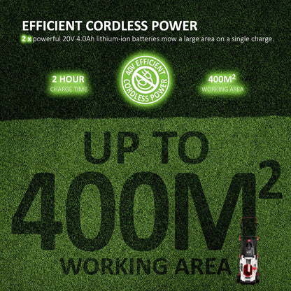 Cordless Lawn Mower 14.6in 40V 2x4.0Ah Batteries 6 Heights 9.2 Gal