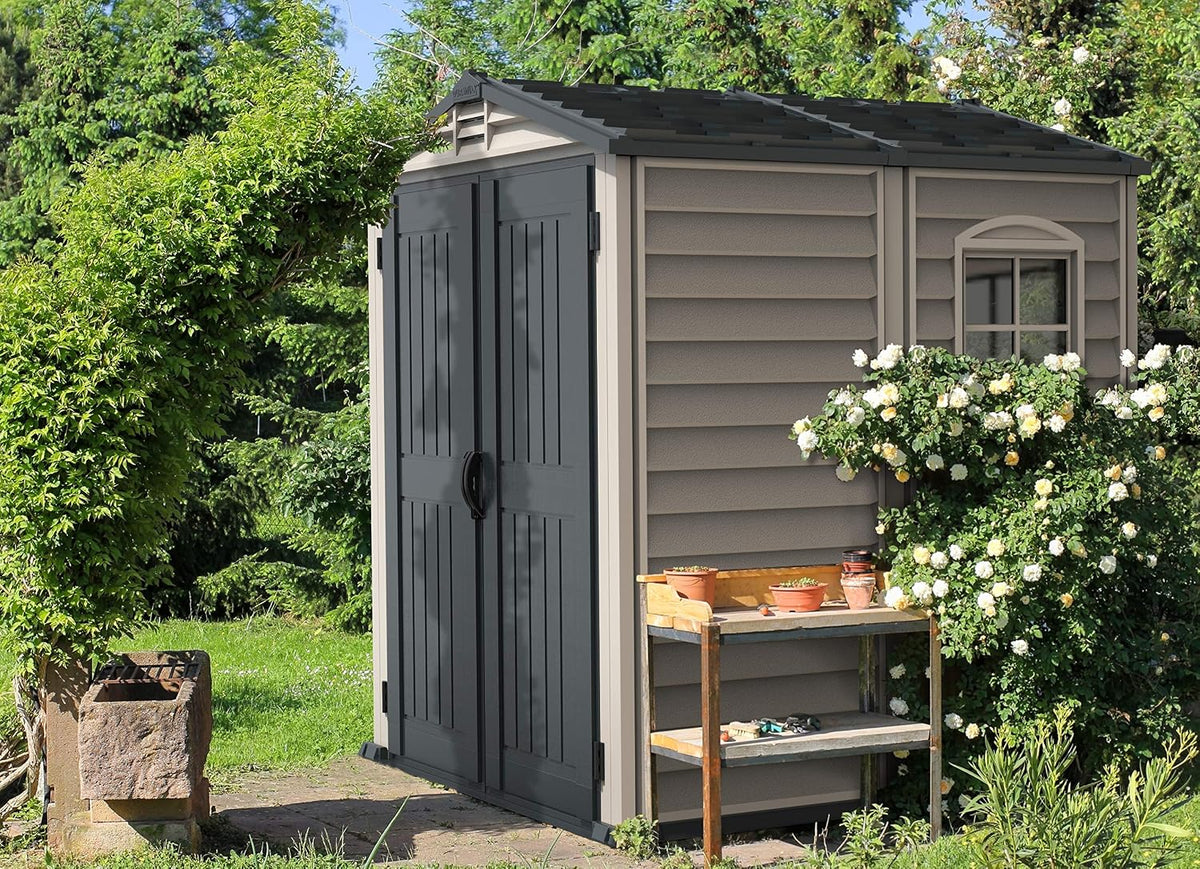 Plastic Garden Storage Shed 6 X 6 Ft Dark Gray Adobe Metal Roof